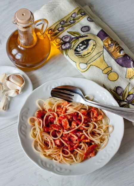 Рецепт спагетти с ветчиной в томатном соусе