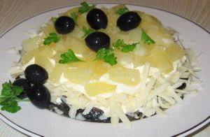 Рецепт салата с ананасами и шампиньонами